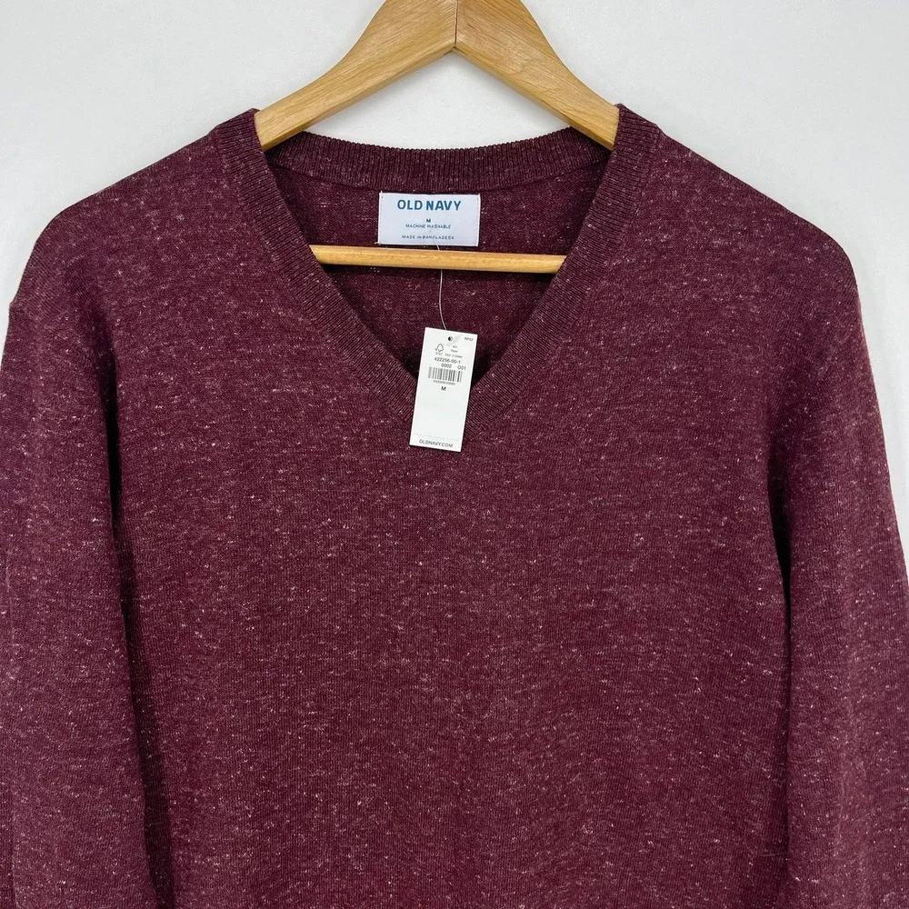 Old Navy Mens V-Neck Sweater Burgundy Heathered‎ Marl Knit Pullover Size M NEW